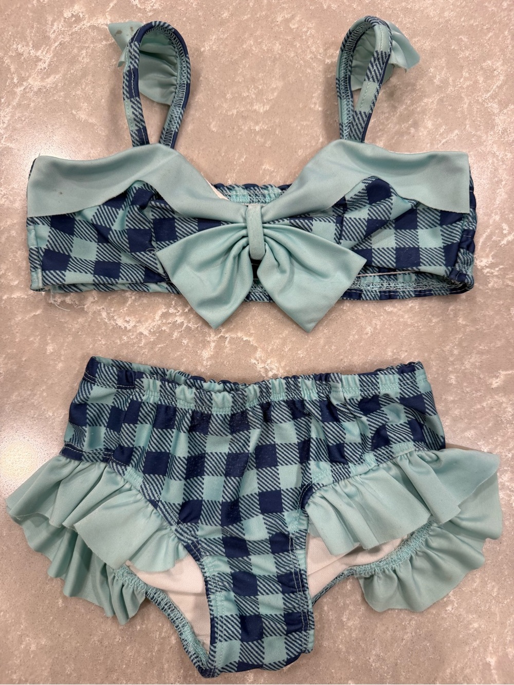 Joyfolie Mia Joy Aqua Navy Blue Buffalo Plaid Ruffle Bikini Set Size 4